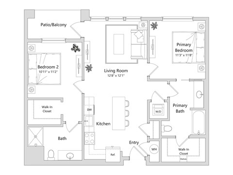 A floor plan of a house with a living room, two bedrooms, a bathroom, a kitchen, and a walk-in closet.